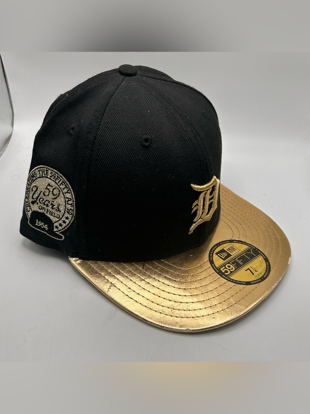 Detroit Tigers New Era 59FIFTY Fitted Hat 7 1/4 50th Anniversary WOOL Gold Black